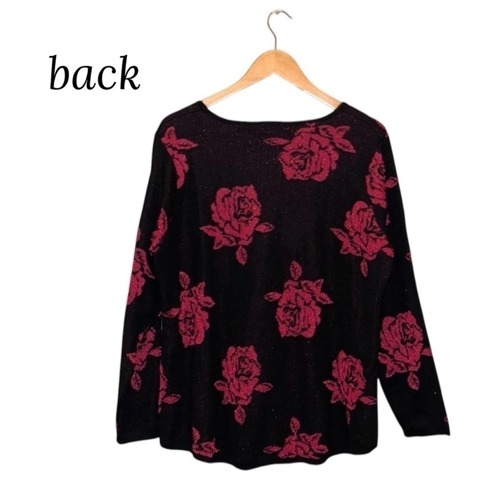 AVENUE Black Red Metallic Detail Rose Lightweight Sweater Whimsigoth Women 18/20 - Picture 5 of 12